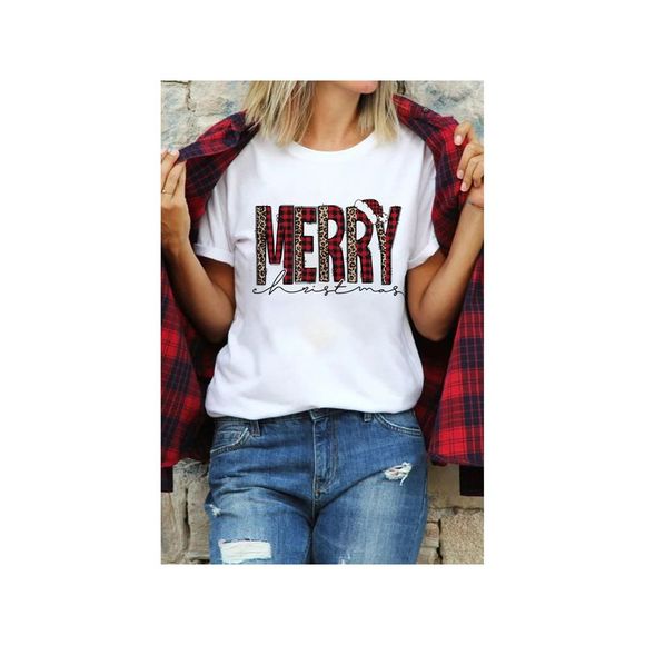 Azura Exchange  White Plaid Leopard MERRY Christmas Print T Shirt - Picture 15 of 15